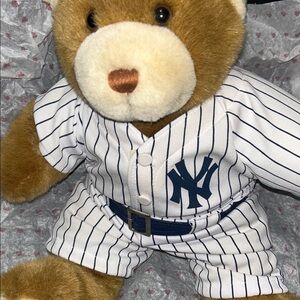 Build-A-Bear Brown Teddy in White Navy Pinstripe Baseball Outfit